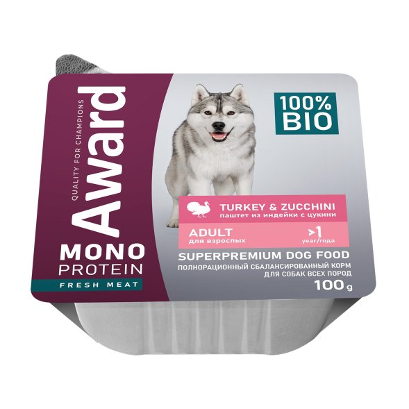 Award Monoprotein (Монопротеин) - Влажный корм для собак, паштет из индейки с цукини 100 гр