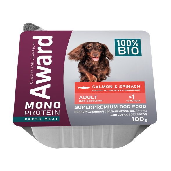 Award Monoprotein (Монопротеин) - Влажный корм для собак, паштет из лосося со шпинатом 100 гр
