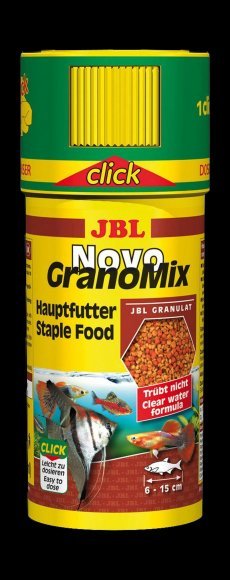JBL NovoGranoMix CLICK - Основной корм в форме гранул для средних и больших пресноводных аквариумных рыб, в банке с дозатором, 250 мл (115 г)