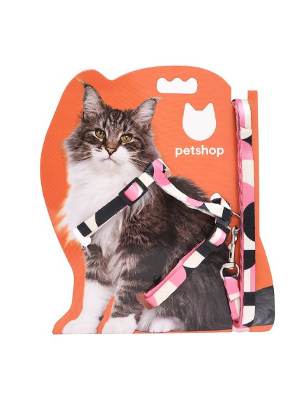 PetSHOP - Шлейка для кошек с поводком 120 см розовый-белый