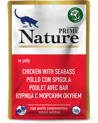 Prime Nature - Паучи для кошек, курица с морским окунем в желе, 100 гр