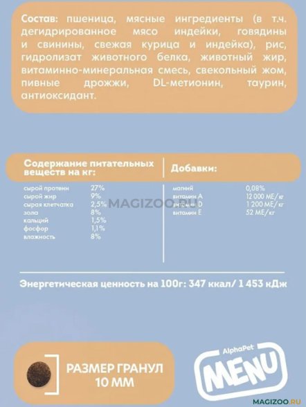 AlphaPet Menu - Сухой корм для кастрированных котов и стерилизованных кошек, с Домашней Птицей