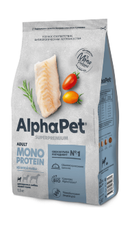 Alphapet Superpremium Monoprotein - Сухой корм для взрослых собак мелких пород, с белой рыбой 500гр