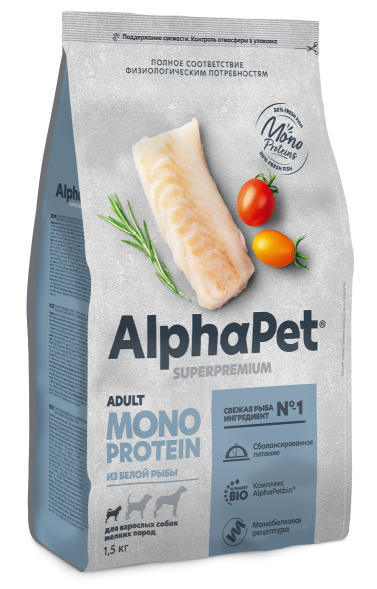 AlphaPet СуперПремиум Monoprotein (Монопротеин) - Сухой корм для взрослых собак мелких пород, с Белой Рыбой, 500 гр