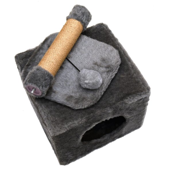 PetSHOP - Домик-когтеточка с полкой, дымчатая с помпоном, 36x35x65 см джут,мех