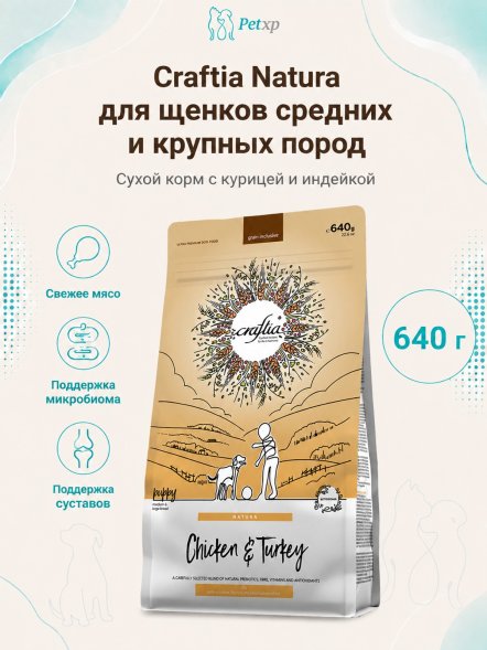 Craftia Natura - Сухой корм для щенков средних и крупных пород, из Курицы и Индейки