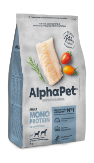 Alphapet Superpremium Monoprotein - Сухой корм для взрослых собак средних и крупных пород, с белой рыбой 2 кг