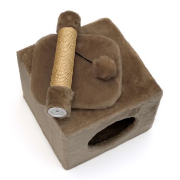 PetSHOP - Домик-когтеточка с полкой, коричневая с помпоном, 36x35x65 см джут,мех
