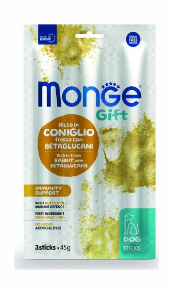 Monge Gift Immunity Support - Лакомство для собак всех пород "Мягкие палочки" со свежим кроликом, нуклеотидами и бета-глюканами для поддержки иммунитета 45 г
