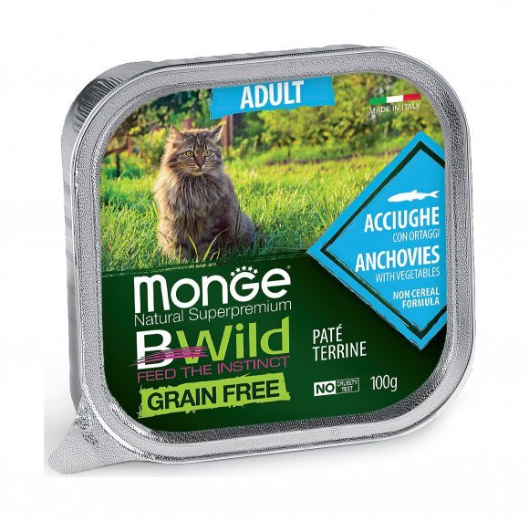 Monge Cat BWild Grain Free - Беззерновые консервы из анчоусов с овощами для взрослых кошек 100г
