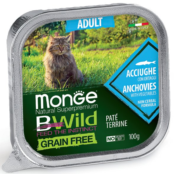 Monge Cat BWild Grain Free - Беззерновые консервы из анчоусов с овощами для взрослых кошек 100г