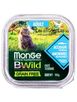 Monge Cat BWild Grain Free - Беззерновые консервы из анчоусов с овощами для взрослых кошек 100г