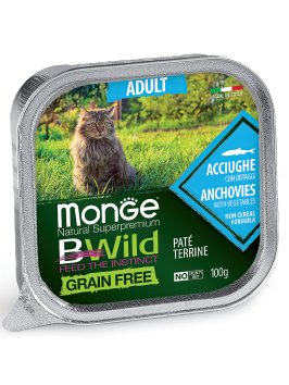 Monge Cat BWild Grain Free - Беззерновые консервы из анчоусов с овощами для взрослых кошек 100г