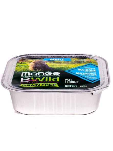 Monge Cat BWild Grain Free - Беззерновые консервы из анчоусов с овощами для взрослых кошек 100г