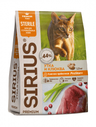 Sirius - Сухой корм для стерилизованных кошек, утка с клюквой