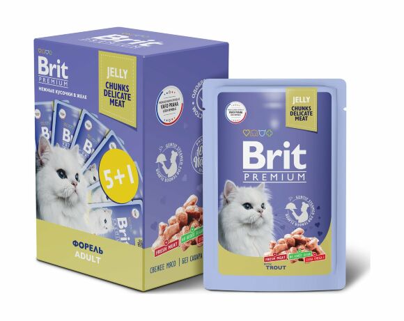 Brit - Промо-Набор 5+1, Паучи для взрослых кошек, С Форелью, в желе, 510 гр