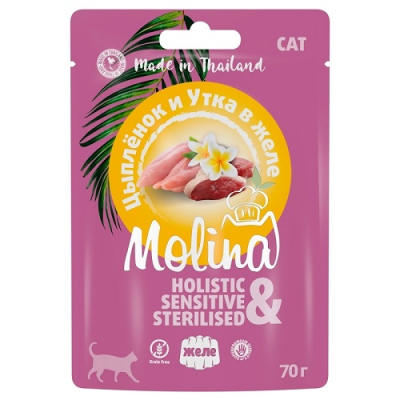 Molina - Консервы для кошек, Цыпленок с Уткой, в Желе, 70 гр