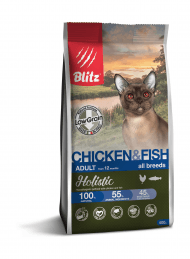 Blitz Holistic Cat Adult - Сухой низкозерновой корм для взрослых кошек с курицей и рыбой 