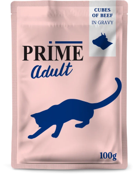 Prime Adult - Паучи для кошек, кусочки из говядины в бульоне, 100 гр