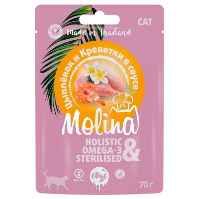 Molina - Консервы для кошек, Цыпленок с Креветками, в Соусе, 70 гр