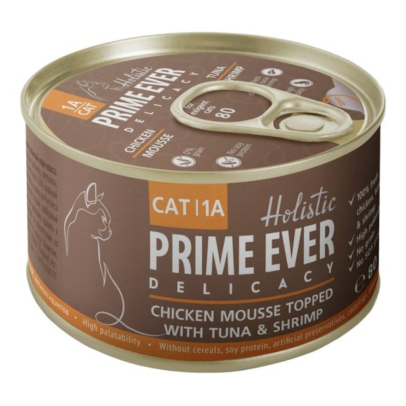 Prime Ever Холистик Delicacy - Консервы для кошек, мусс из цыпленка с тунцом и креветками, 80 г
