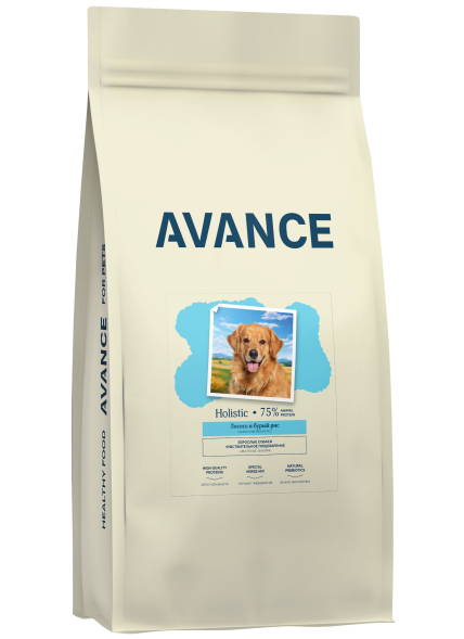 Avance Холистик Adult Sensitive - Полнорационный сухой корм для взрослых собак с чувствительным пищеварением, с Лососем и Бурым Рисом