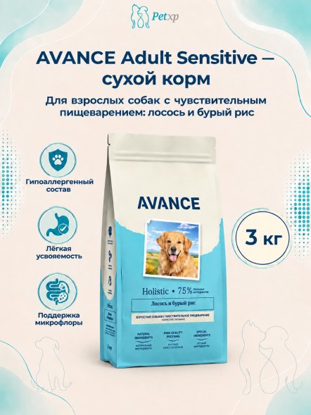 Avance Холистик Adult Sensitive - Полнорационный сухой корм для взрослых собак с чувствительным пищеварением, с Лососем и Бурым Рисом