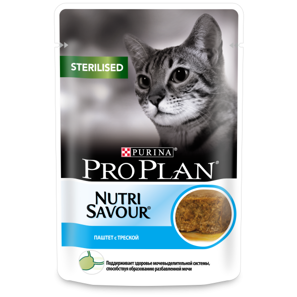Pro Plan Nutri Savour - Для взрослых стерилизованных кошек, паштет с треской, Пауч, 85 гр
