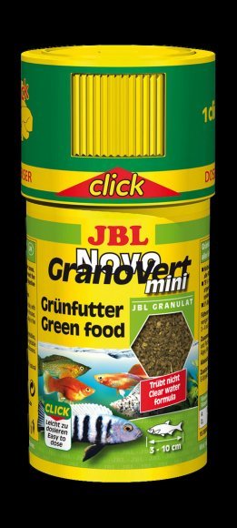 JBL NovoGranoVert mini CLICK - Основной корм в форме гранул для растительноядных пресноводных аквариумных рыб и креветок, в банке с дозатором, 100 мл (40 г)