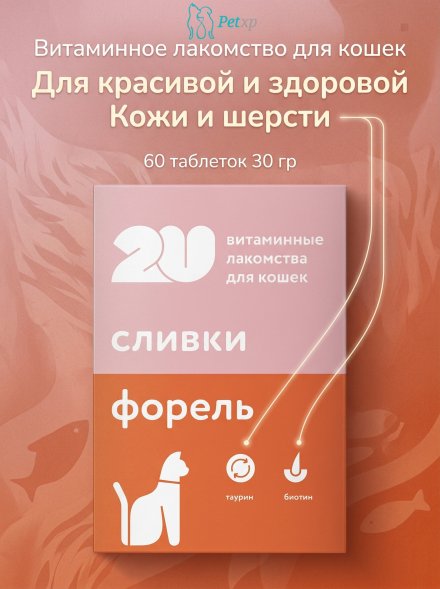 Витаминное лакомство для кошек для красивой и здоровой кожи и шерсти, 60 таблеток 30 гр
