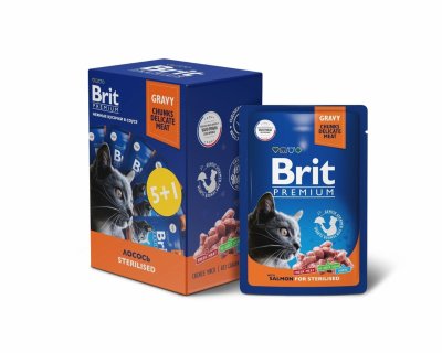 Brit - Промо-Набор 5+1, Паучи для взрослых стерилизованных кошек, С Лососем, в соусе, 510 гр