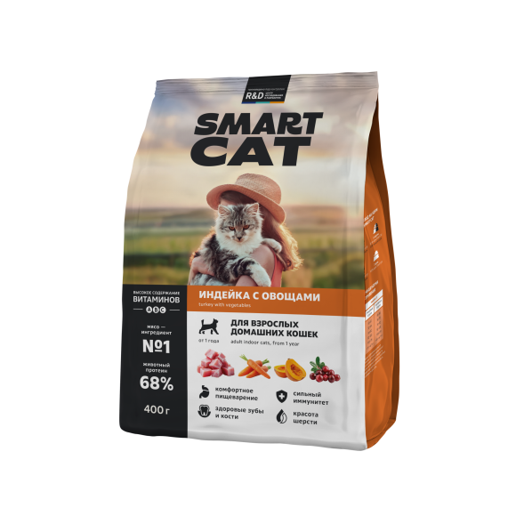 Smart Cat - Сухой корм для взрослых домашних кошек, с Индейкой и Овощами