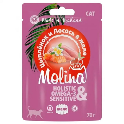 Molina - Консервы для кошек, Цыпленок с Лососем, в Желе, 70 гр