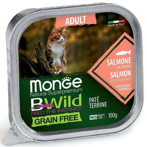 Monge Cat BWild Grain Free - Беззерновые консервы из лосося с овощами для взрослых кошек 100г