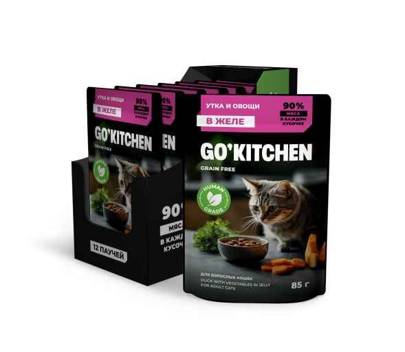 Go&amp;#039;Kitchen Grain Free - Беззерновой влажный корм для взрослых кошек с уткой и овощами в желе, полнорационный 85 гр