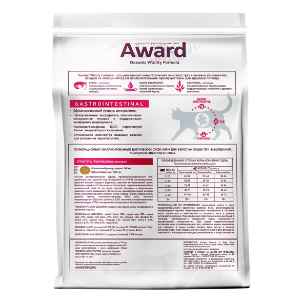 Award Veterinary Diet Gastrointestinal - Диетический корм для взрослых кошек при заболеваниях желудочно-кишечного тракта