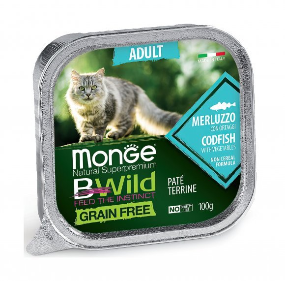Monge Cat BWild Grain Free - Беззерновые консервы из трески с овощами для взрослых кошек 100г