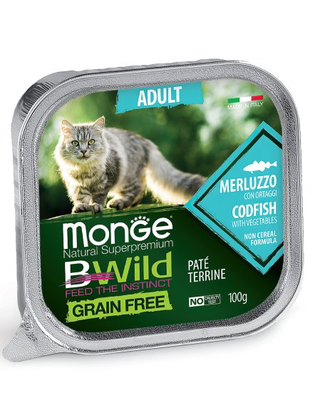 Monge Cat BWild Grain Free - Беззерновые консервы из трески с овощами для взрослых кошек 100г