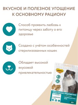Мнямс - Лакомство для стерилизованных кошек, Хрустящие подушечки с Цыпленком и Клюквой &amp;quot;Профилактика МКБ&amp;quot; 60 г