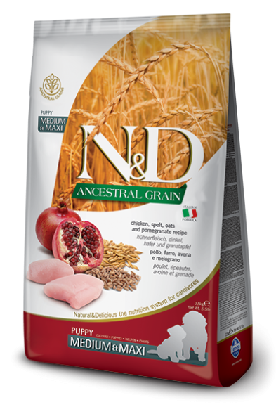 Farmina N&amp;amp;D Ancestral Grain - Корм для щенков и беременных собак средних и крупных пород, Курица с Гранатом и Спельтой