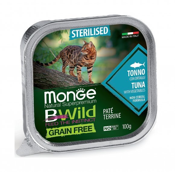 Monge Cat BWild Grain Free - Беззерновые консервы из тунца с овощами для стерилизованных кошек 100г