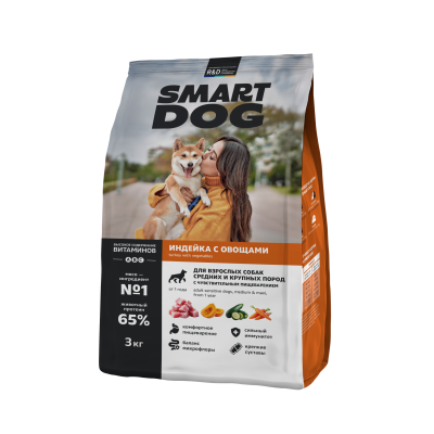 Smart Dog - Сухой корм для взрослых собак средних и крупных пород с чувствительным пищеварением,с Индейкой и Овощами Smart Dog - Сухой корм для взрослых собак средних и крупных пород с чувствительным пищеварением,с Индейкой и Овощами