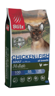 Blitz Holistic Chicken & Fish Cat All Breeds - Сухой низкозерновой корм для взрослых кошек, всех пород, с Курицей и Рыбой, 1.5 кг