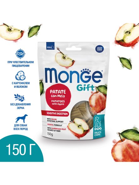 Monge Gift Sensitive - Лакомство для собак всех пород &amp;quot;Фруктовые чипсы&amp;quot; с картофелем и яблоком 150 г