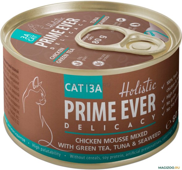 Prime Ever Холистик Delicacy - Консервы для кошек, мусс из цыпленка с тунцом, зеленым чаем и водорослями, 80 г