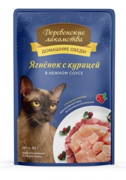 Деревенские Лакомства - Паучи для кошек, Ягненок с курицей в соусе 85гр