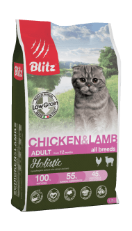 Blitz Holistic Chicken & Lamb Cat All Breeds - Сухой низкозерновой корм для взрослых кошек, с Курицей и Ягненком