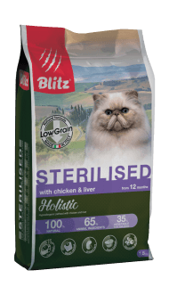 Blitz Holistic Chicken & Liver Adult Sterilised Cat - Сухой низкозерновой корм для кастрированных и стерилизованных котов и кошек всех пород, с Курицей и Печенью