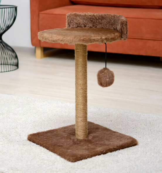 PetSHOP - Когтеточка-лежанка, коричневая с помпоном, джут, мех, 35x35x55 см