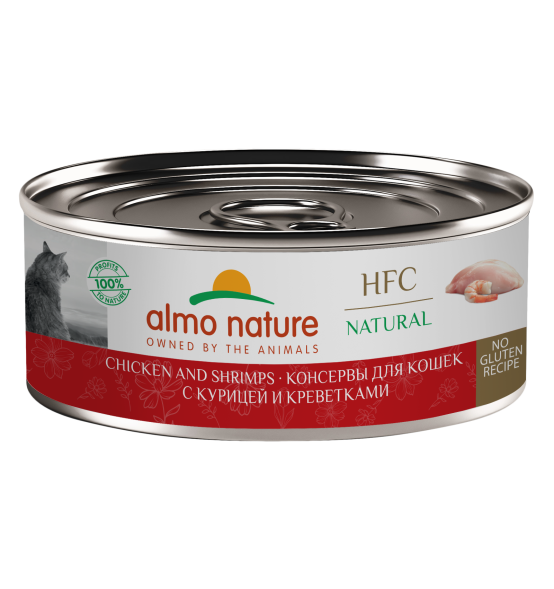 Almo Nature HFC - Корм консервированный полнорационный для кошек, с курицей и креветками 100гр